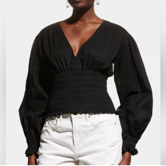 Frame black smocked V neck long blouson puff sleeves blouse top size small - Picture 1 of 7